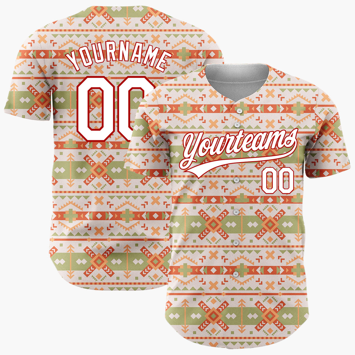 Custom Beige Olive Tribal Arrows And Diamonds Southwest Geometric Pattern Christmas Baseball Jersey