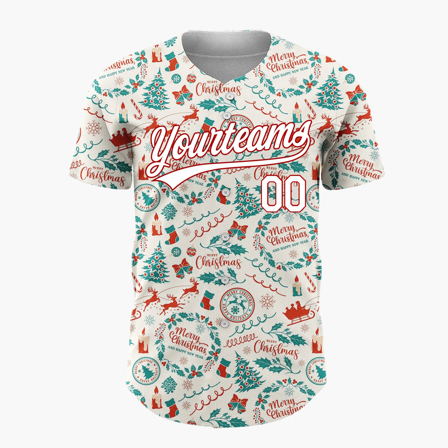 Custom Beige Merry Christmas Wreath Doodles Cartoon Pattern Christmas Baseball Jersey