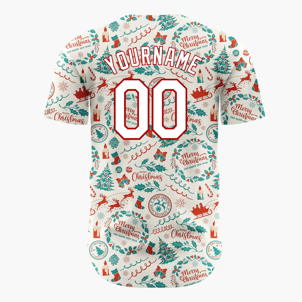 Custom Beige Merry Christmas Wreath Doodles Cartoon Pattern Christmas Baseball Jersey