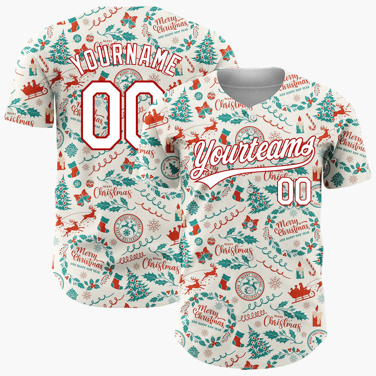 Custom Beige Merry Christmas Wreath Doodles Cartoon Pattern Christmas Baseball Jersey