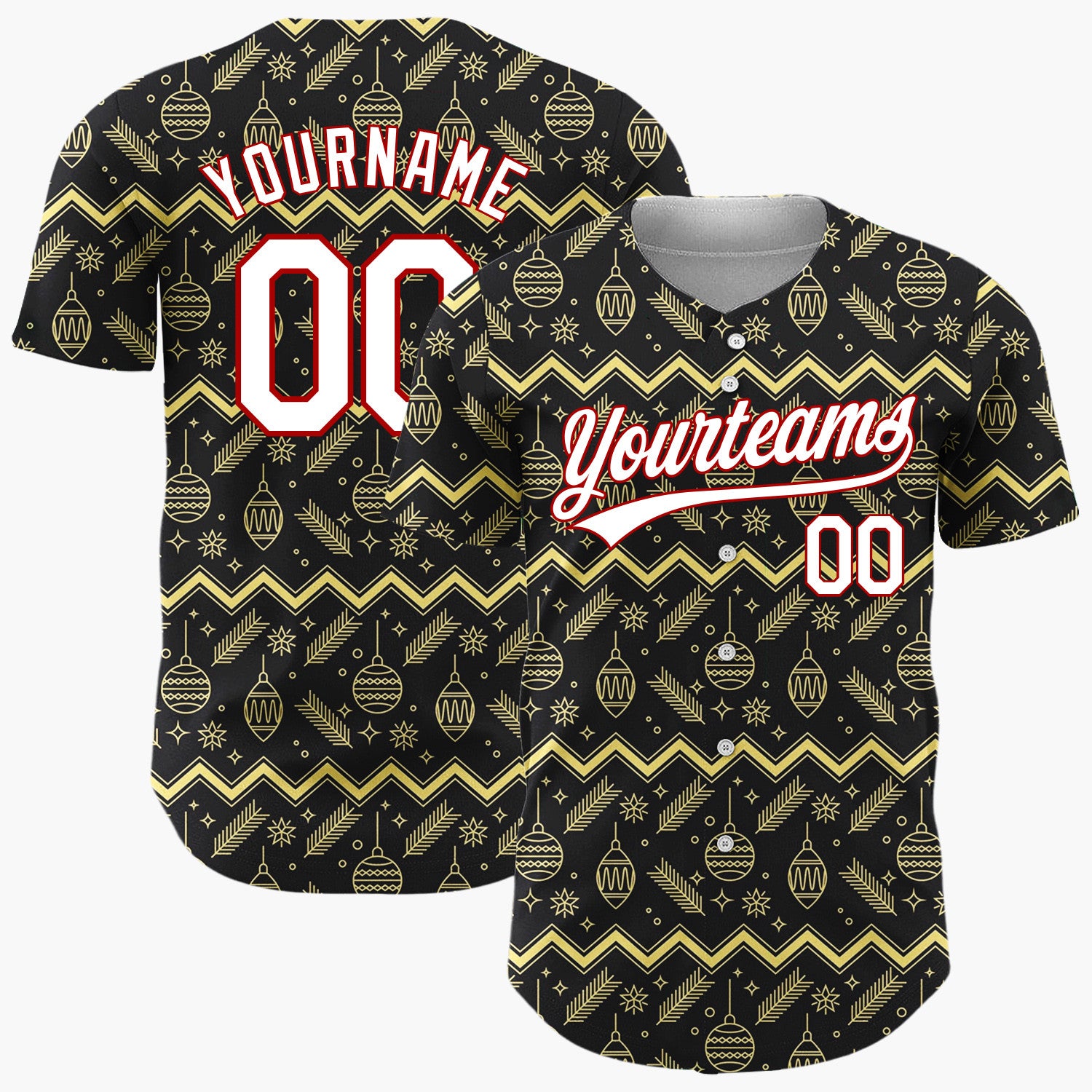 Custom Black Gold Zigzag Ornament Outline Christmas Baseball Jersey