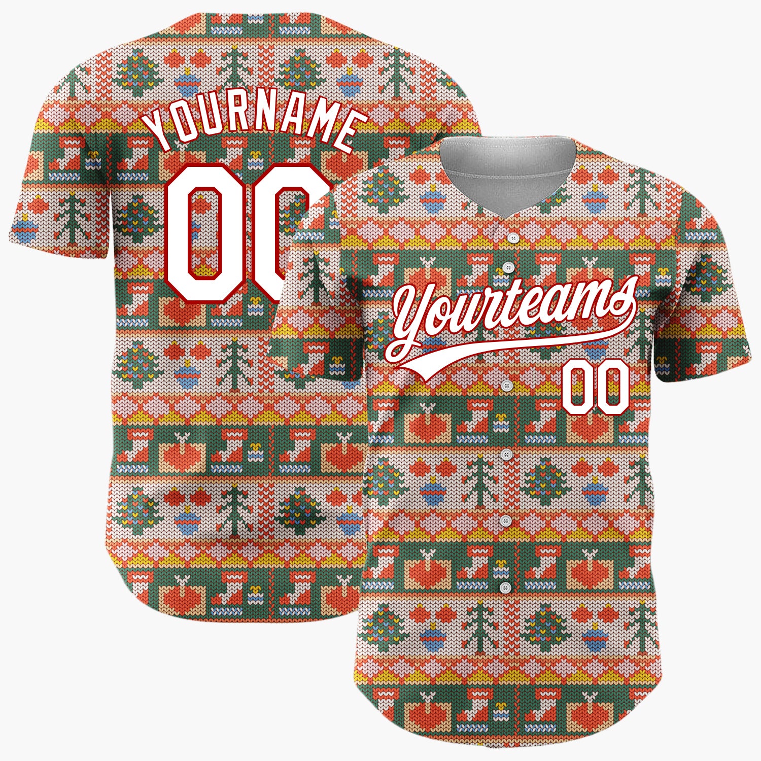 Custom Beige Green Knitted Trees Reindeers And Stockings Cozy Sweater Pattern Christmas Baseball Jersey