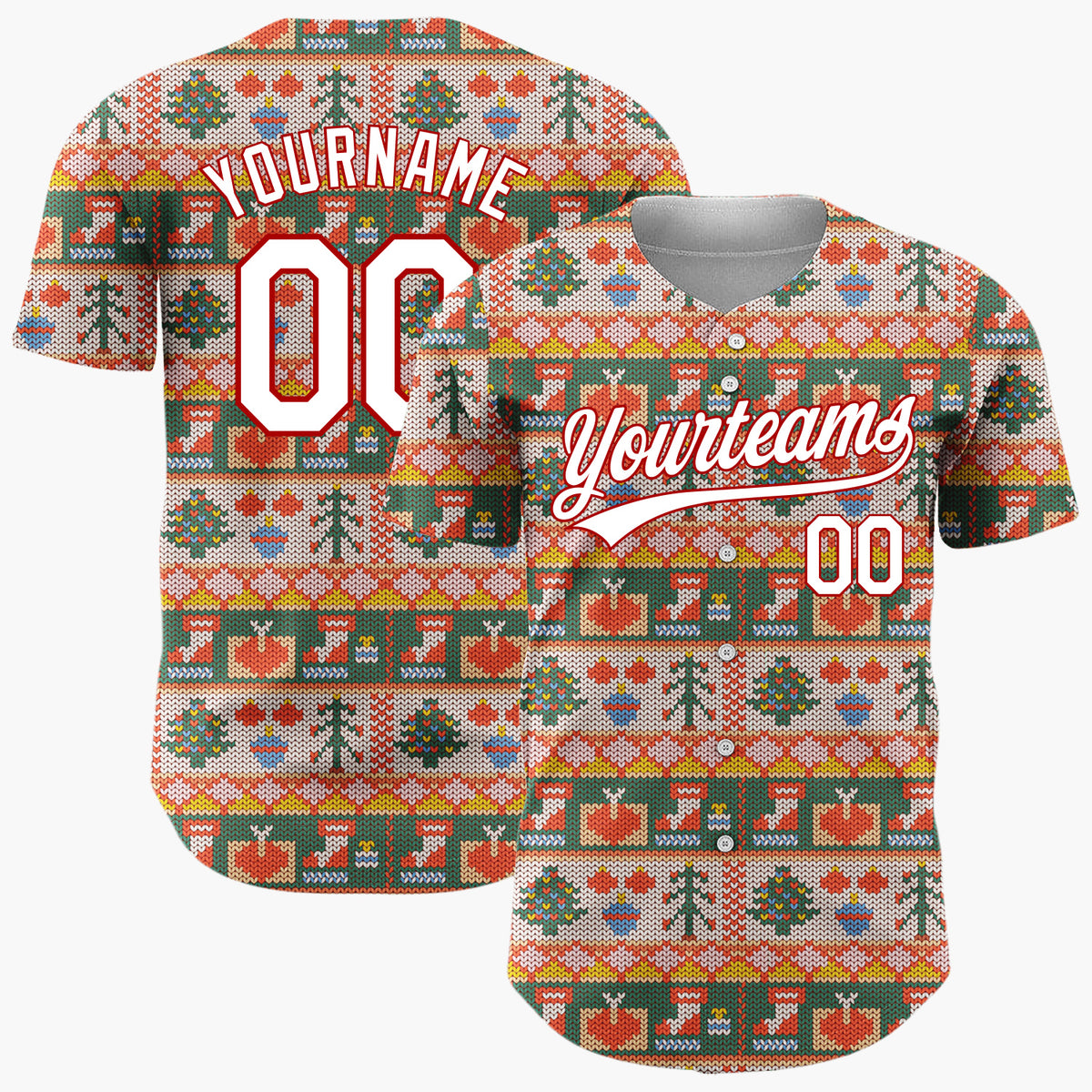 Custom Beige Green Knitted Trees Reindeers And Stockings Cozy Sweater Pattern Christmas Baseball Jersey