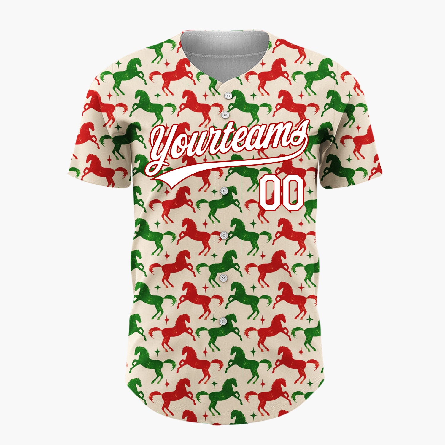 Custom Beige Red  Green Horses With Stars Retro Festive Pattern Christmas Baseball Jersey