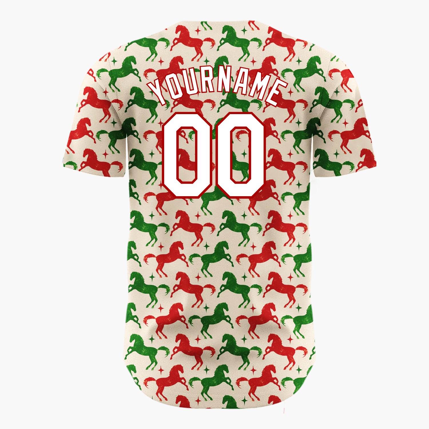 Custom Beige Red  Green Horses With Stars Retro Festive Pattern Christmas Baseball Jersey