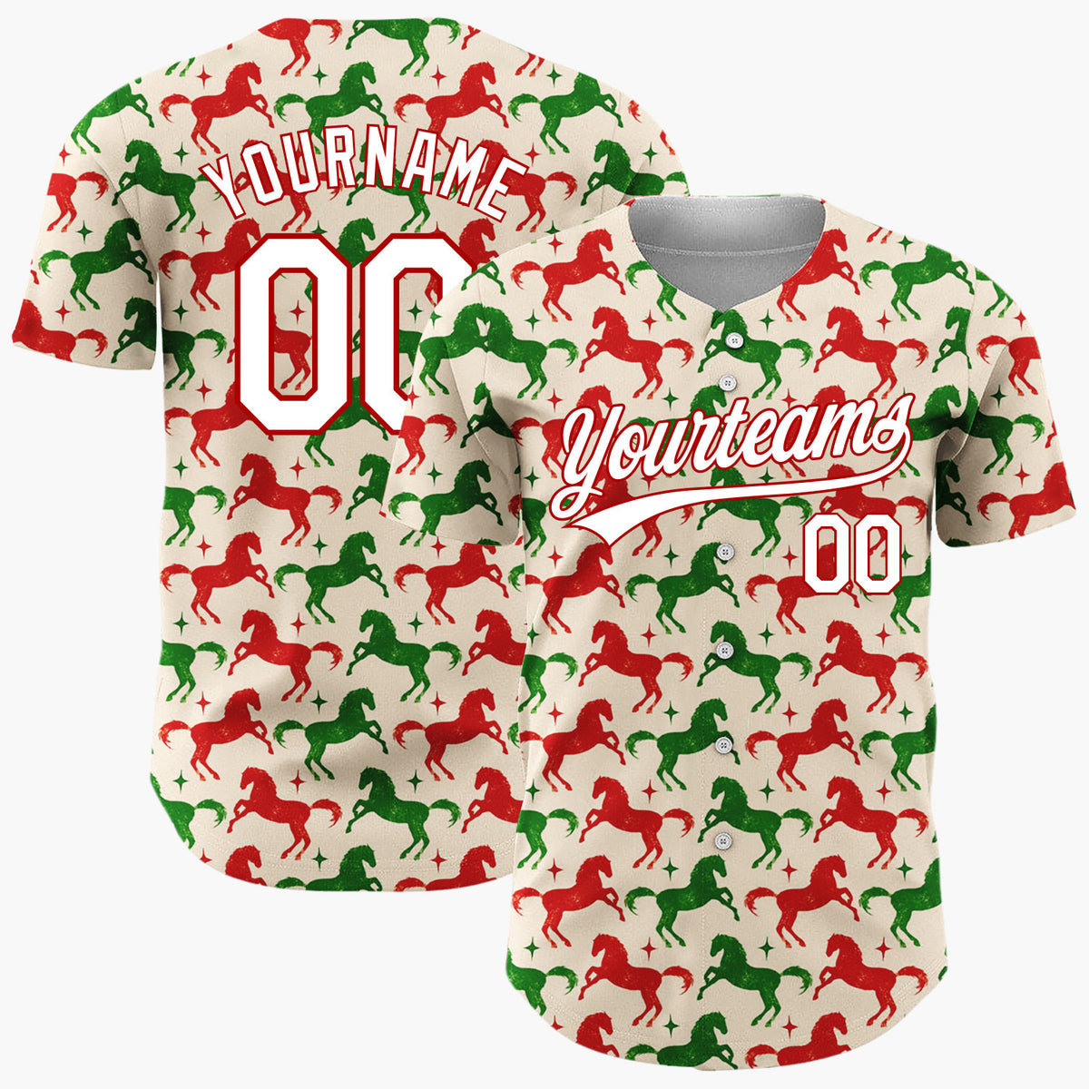Custom Beige Red  Green Horses With Stars Retro Festive Pattern Christmas Baseball Jersey