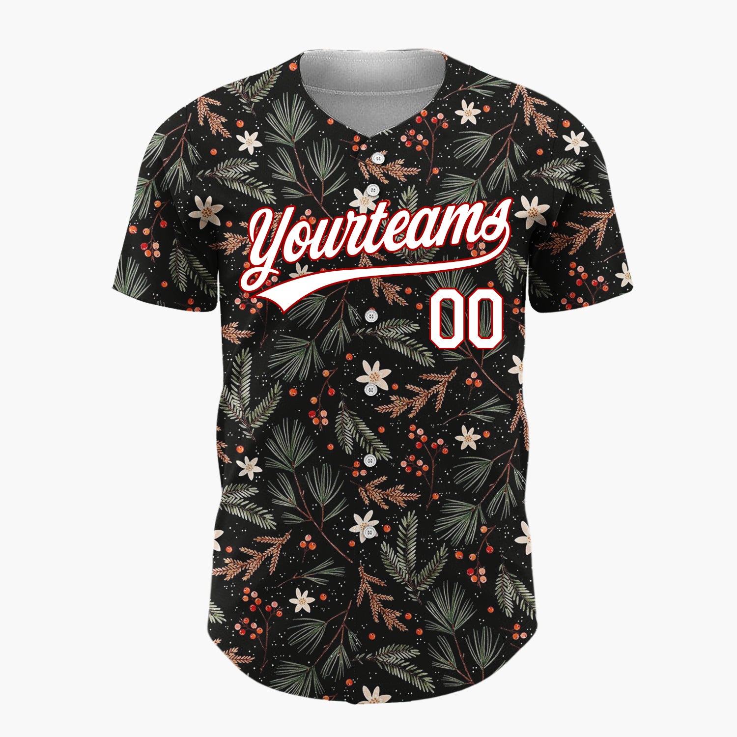 Custom Black Holly Berries Foliage Rustic Cartoon Pattern Christmas Baseball Jersey