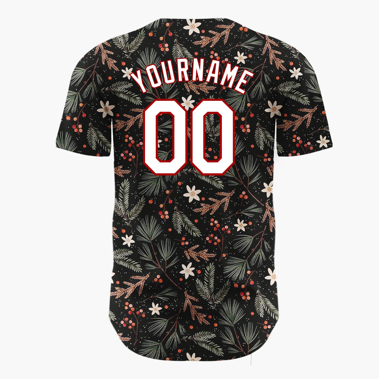 Custom Black Holly Berries Foliage Rustic Cartoon Pattern Christmas Baseball Jersey