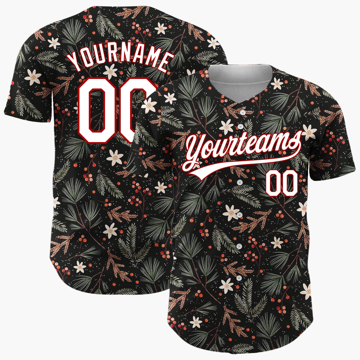 Custom Black Holly Berries Foliage Rustic Cartoon Pattern Christmas Baseball Jersey