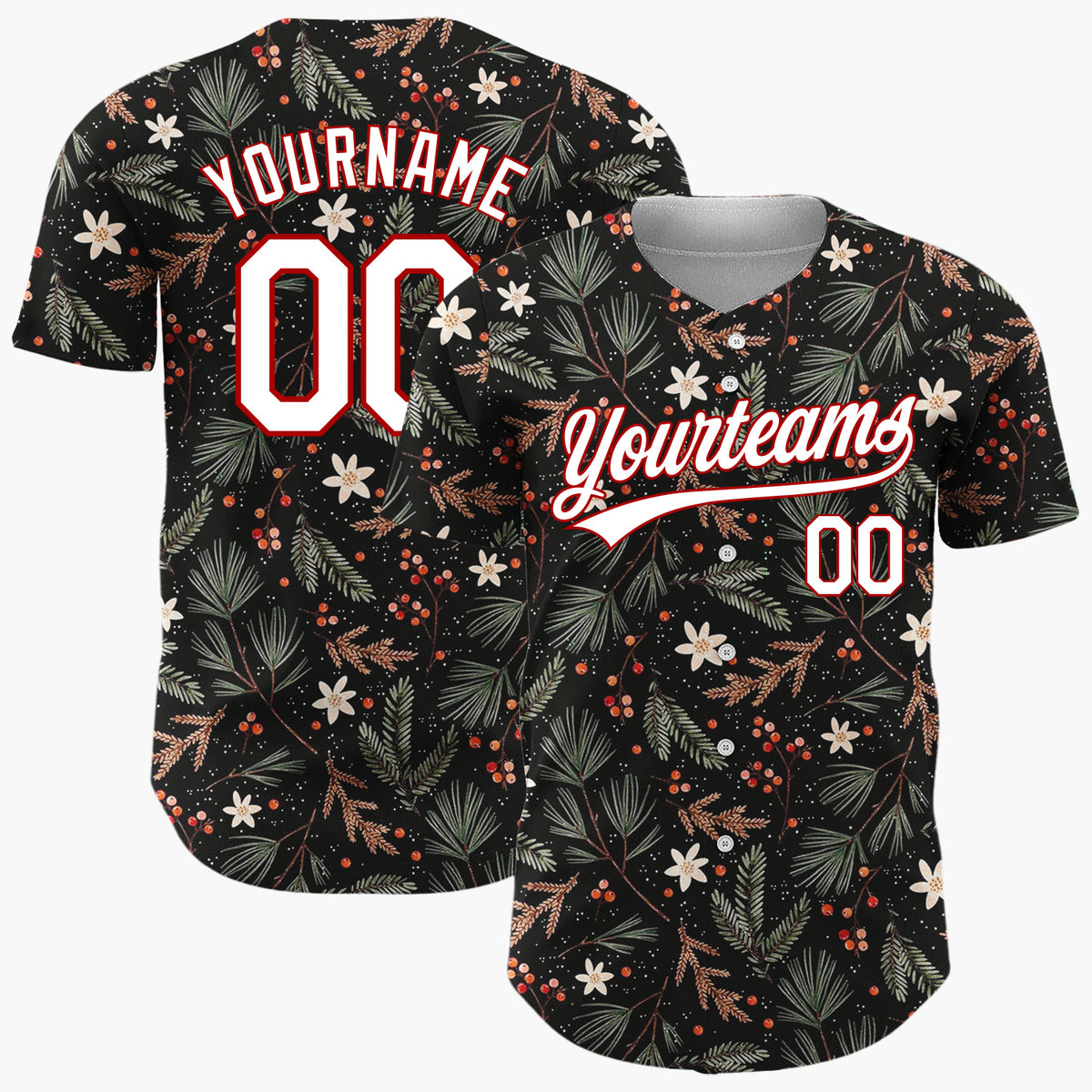 Custom Black Holly Berries Foliage Rustic Cartoon Pattern Christmas Baseball Jersey
