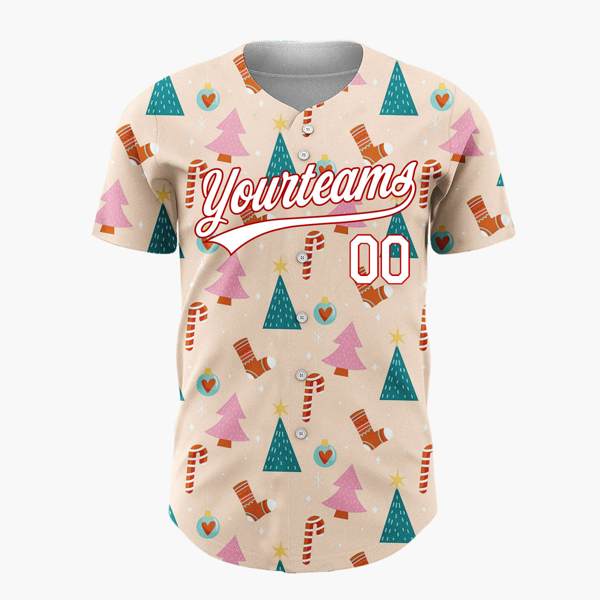 Custom Beige Pink Trees Candy Canes And Stockings Christmas Minimalist Pattern Christmas Baseball Jersey