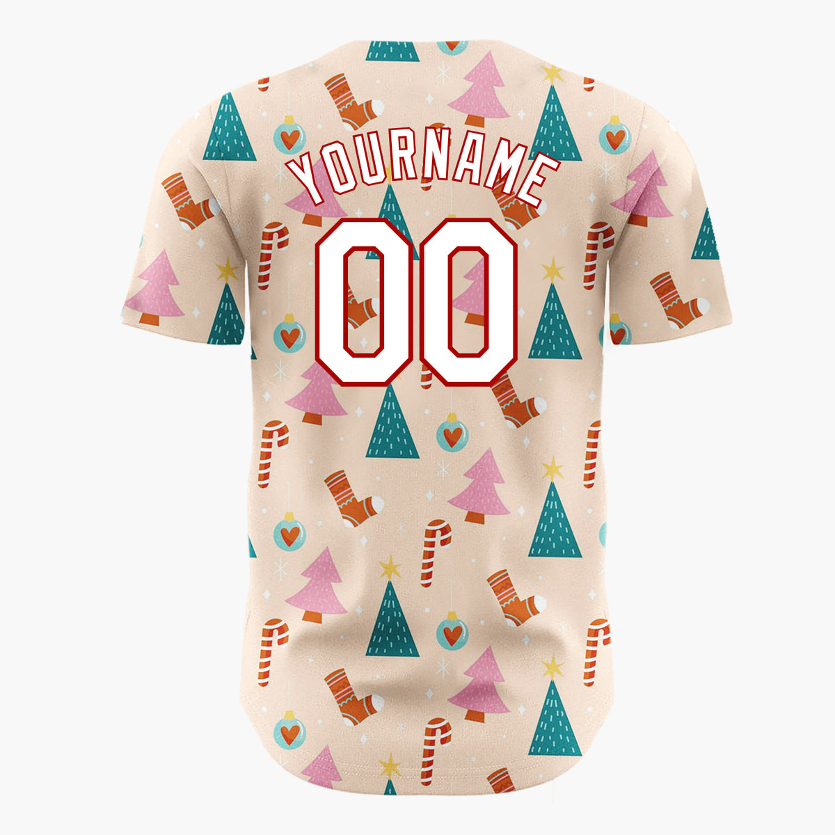 Custom Beige Pink Trees Candy Canes And Stockings Christmas Minimalist Pattern Christmas Baseball Jersey