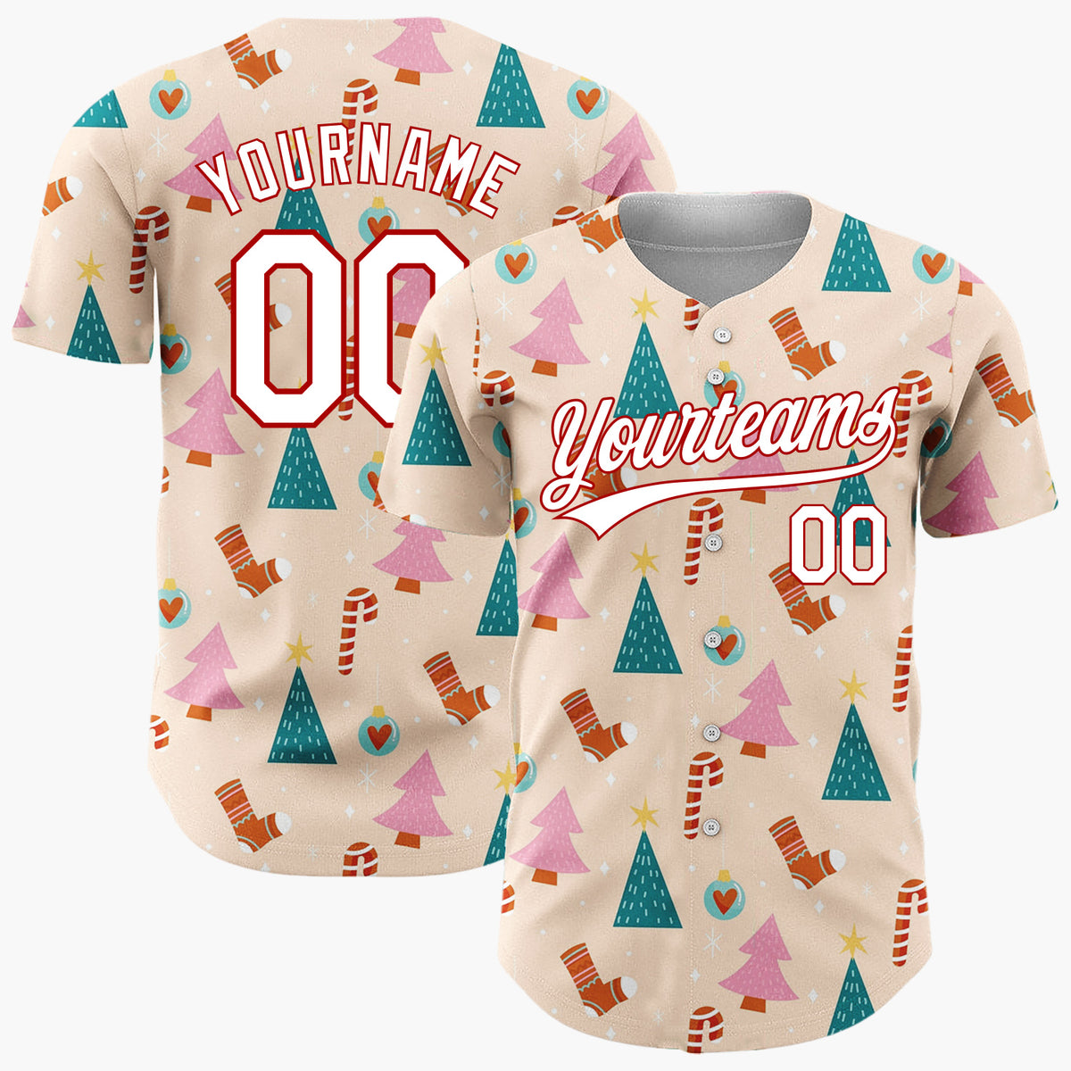 Custom Beige Pink Trees Candy Canes And Stockings Christmas Minimalist Pattern Christmas Baseball Jersey
