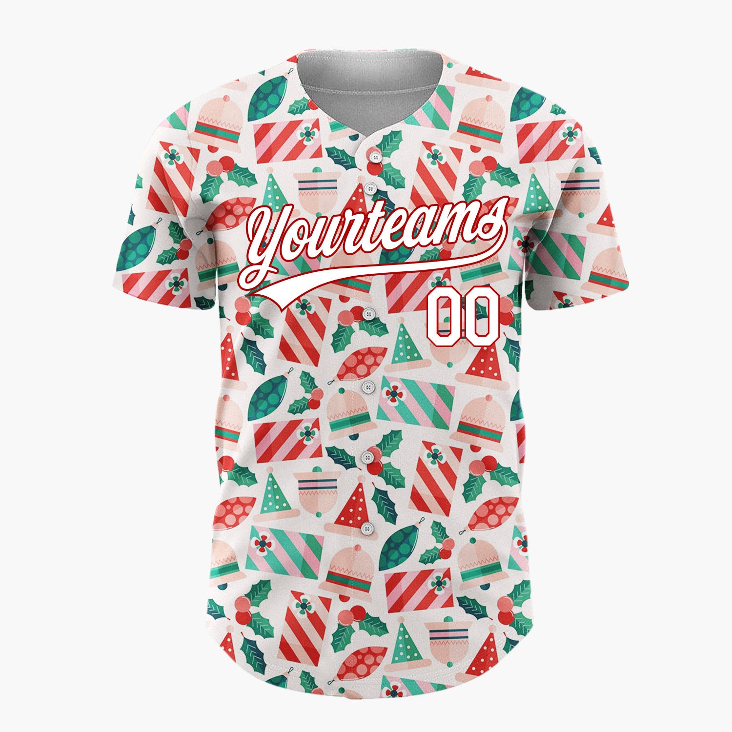 Custom Cream Red Green Santa Hats Bells And Holly Cute Christmas Baseball Jersey