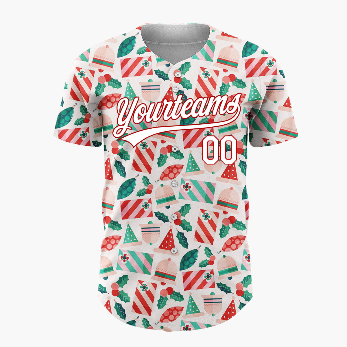 Custom Cream Red Green Santa Hats Bells And Holly Cute Christmas Baseball Jersey