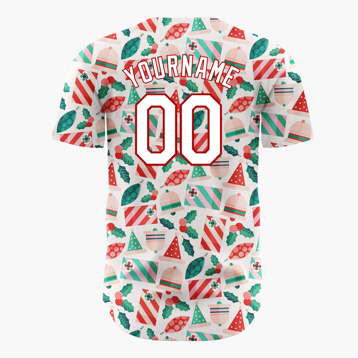 Custom Cream Red Green Santa Hats Bells And Holly Cute Christmas Baseball Jersey