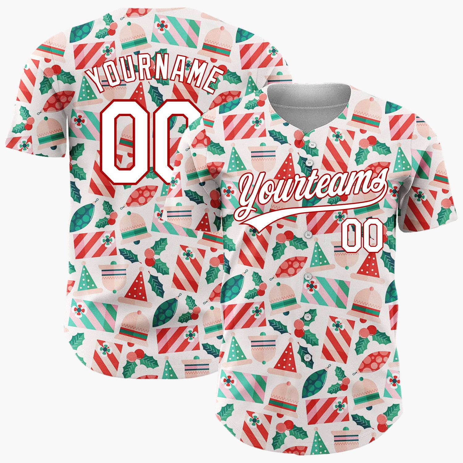 Custom Cream Red Green Santa Hats Bells And Holly Cute Christmas Baseball Jersey