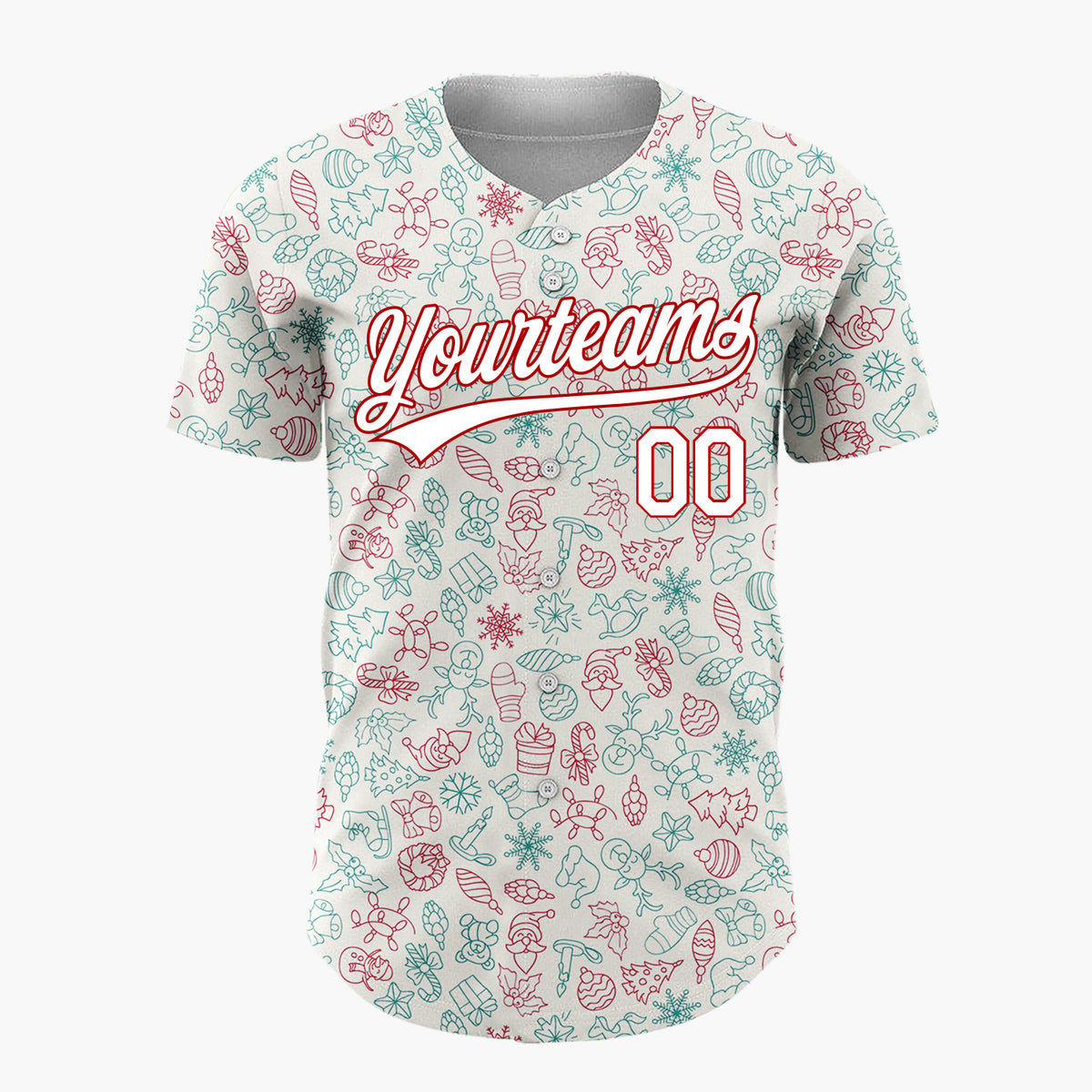 Custom Beige Red Teal Santa Snowmen And Toys Christmas Outline Doodle Pattern Christmas Baseball Jersey