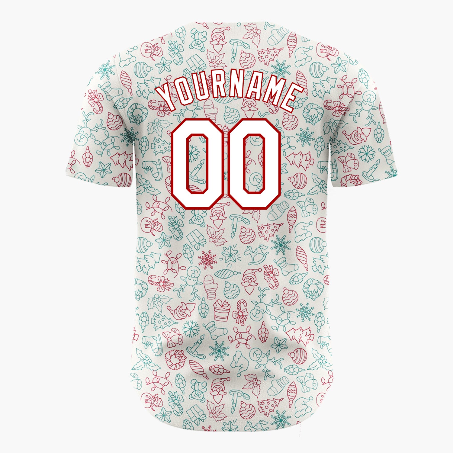 Custom Beige Red Teal Santa Snowmen And Toys Christmas Outline Doodle Pattern Christmas Baseball Jersey