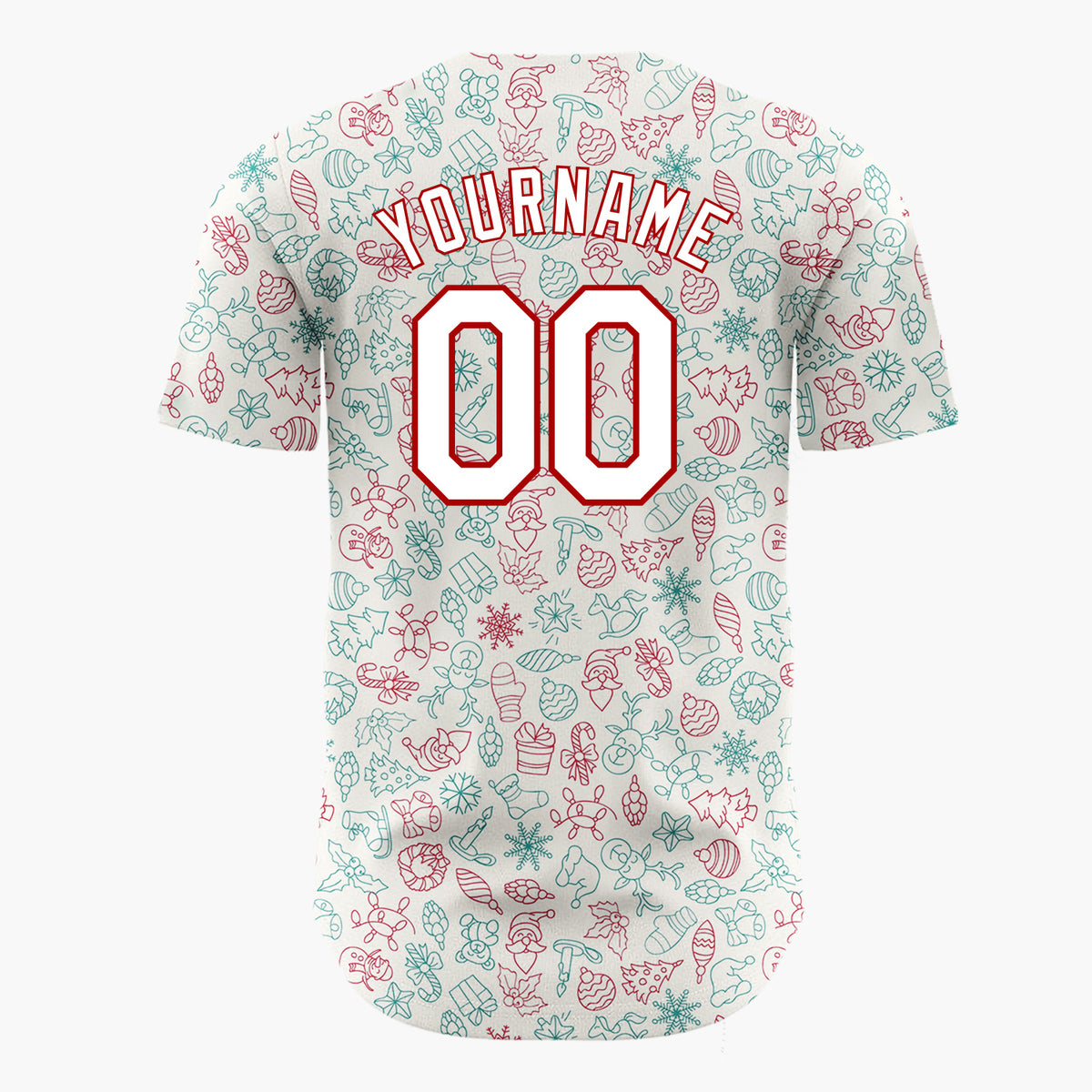 Custom Beige Red Teal Santa Snowmen And Toys Christmas Outline Doodle Pattern Christmas Baseball Jersey