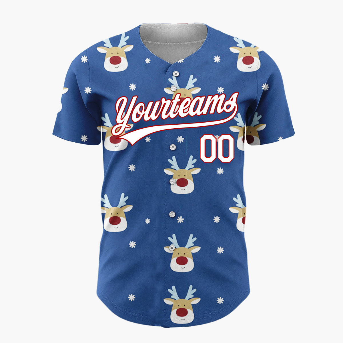 Custom Blue White Reindeer Faces With Snowflakes Cute Christmas Baseball Jersey