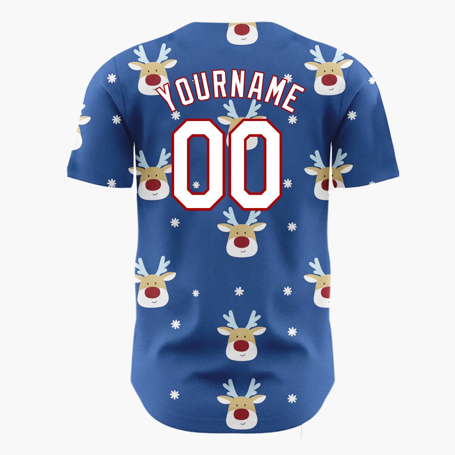 Custom Blue White Reindeer Faces With Snowflakes Cute Christmas Baseball Jersey