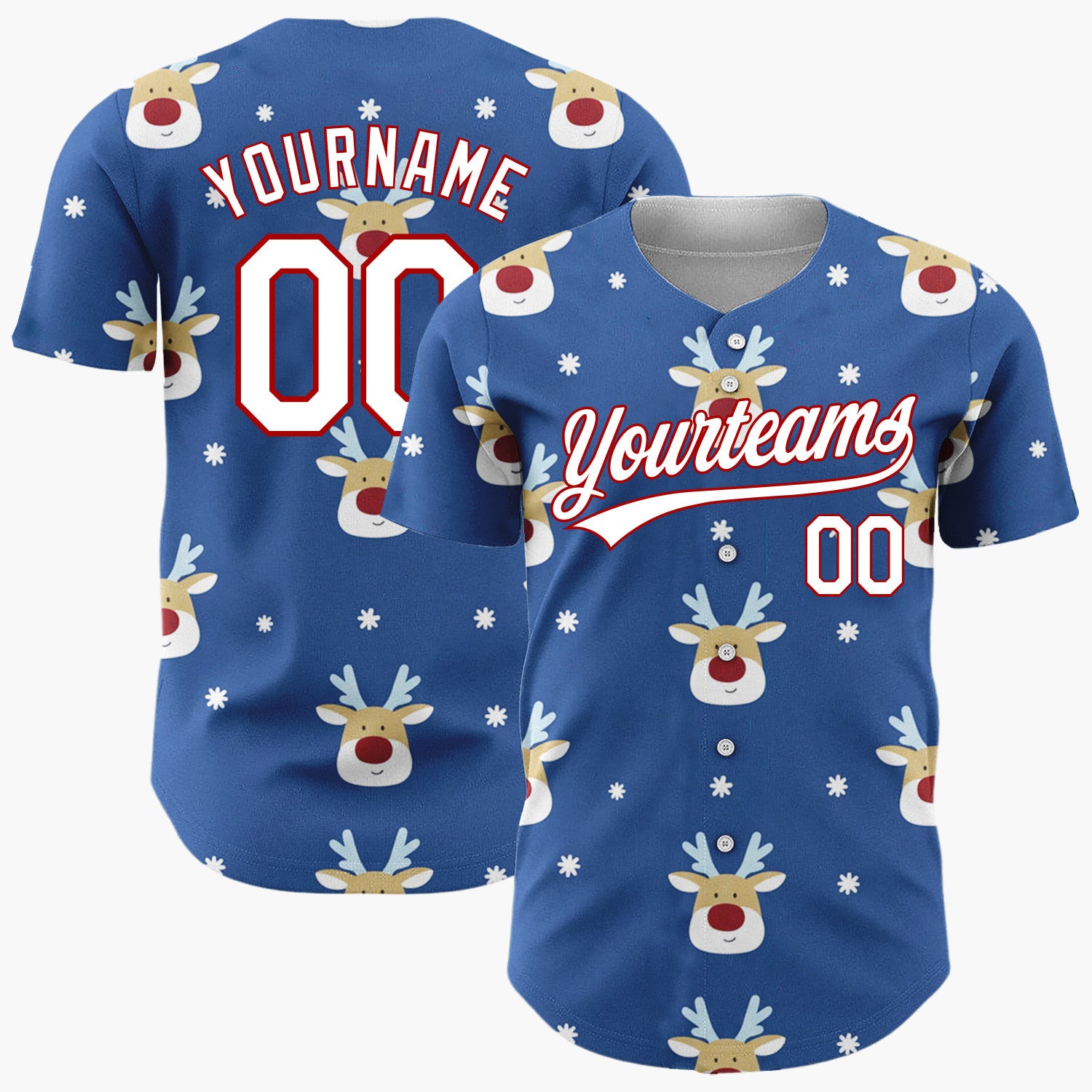 Custom Blue White Reindeer Faces With Snowflakes Cute Christmas Baseball Jersey