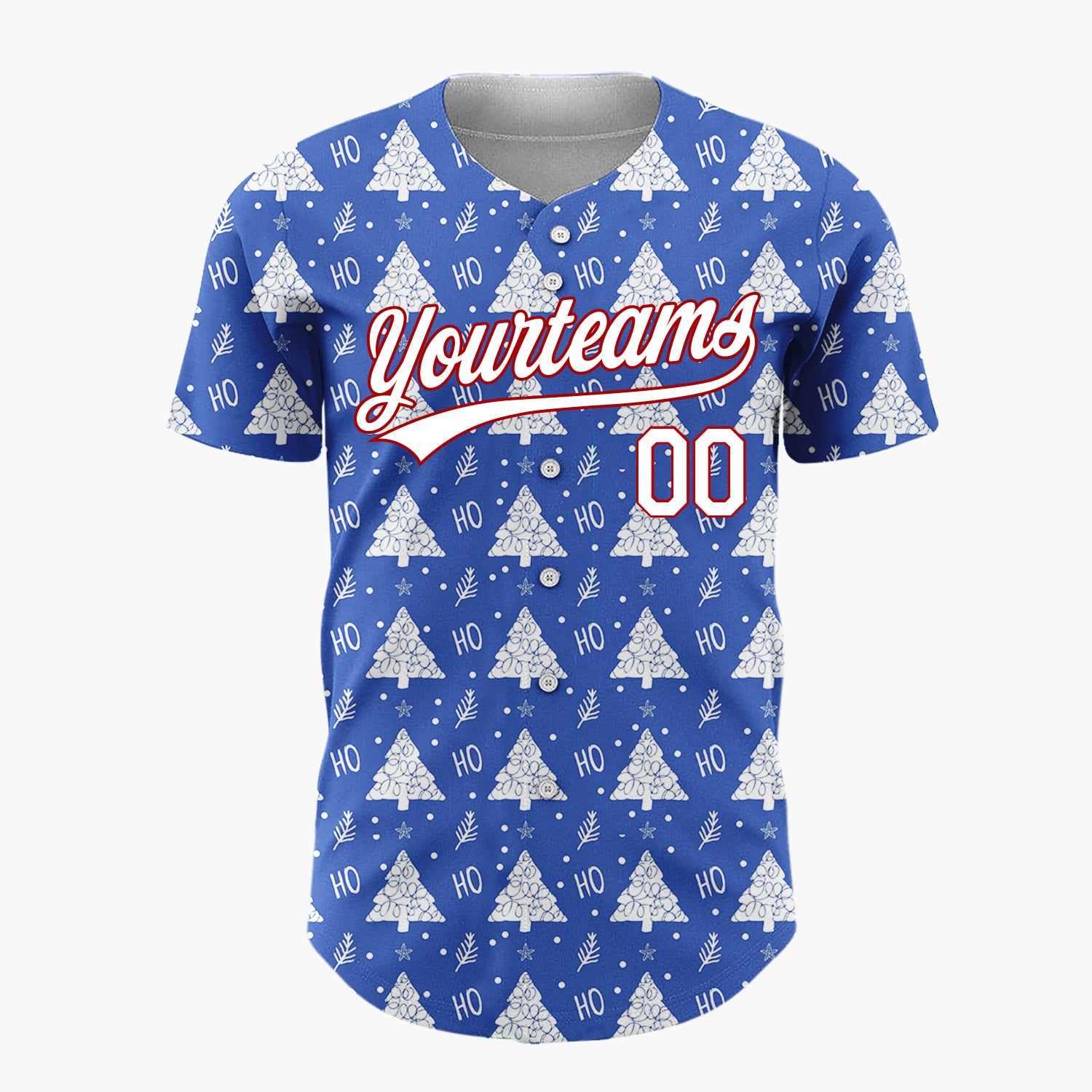 Custom Blue White Christmas Tree Text Whimsical Pattern Christmas Baseball Jersey