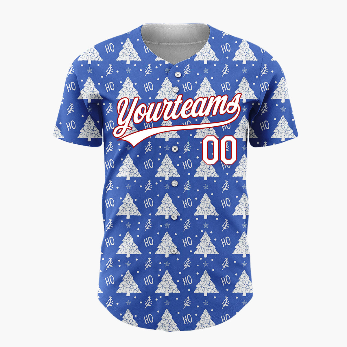 Custom Blue White Christmas Tree Text Whimsical Pattern Christmas Baseball Jersey