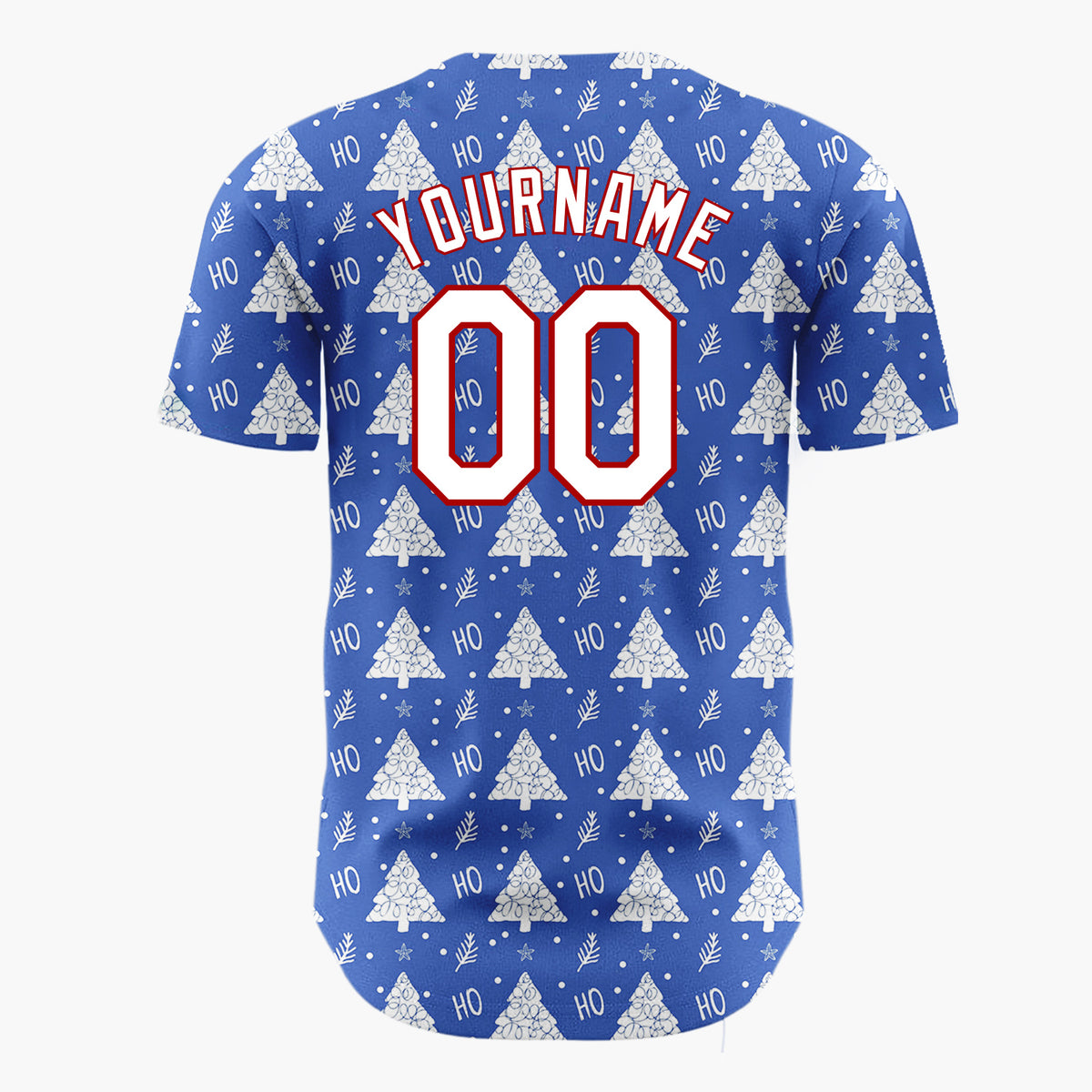 Custom Blue White Christmas Tree Text Whimsical Pattern Christmas Baseball Jersey