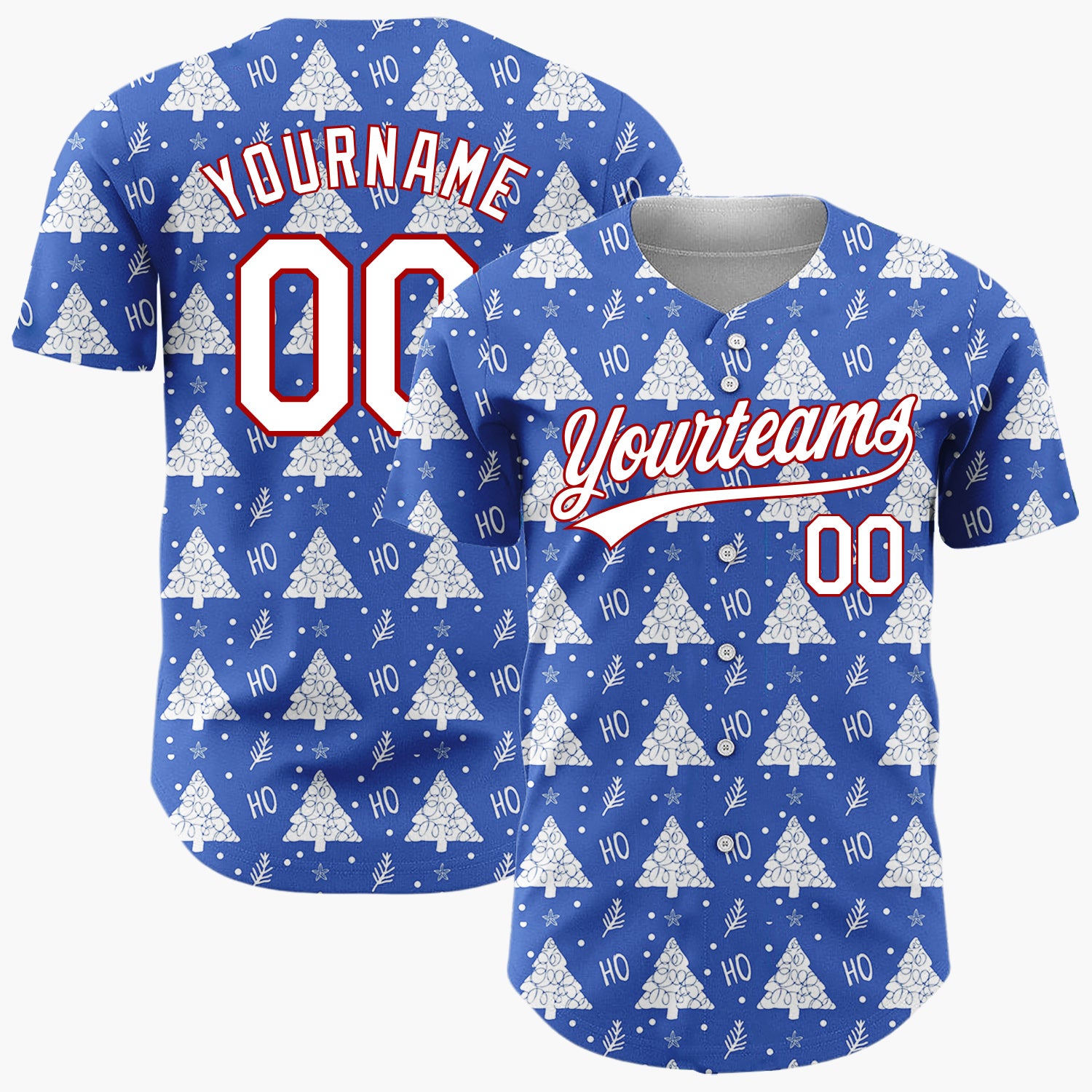 Custom Blue White Christmas Tree Text Whimsical Pattern Christmas Baseball Jersey