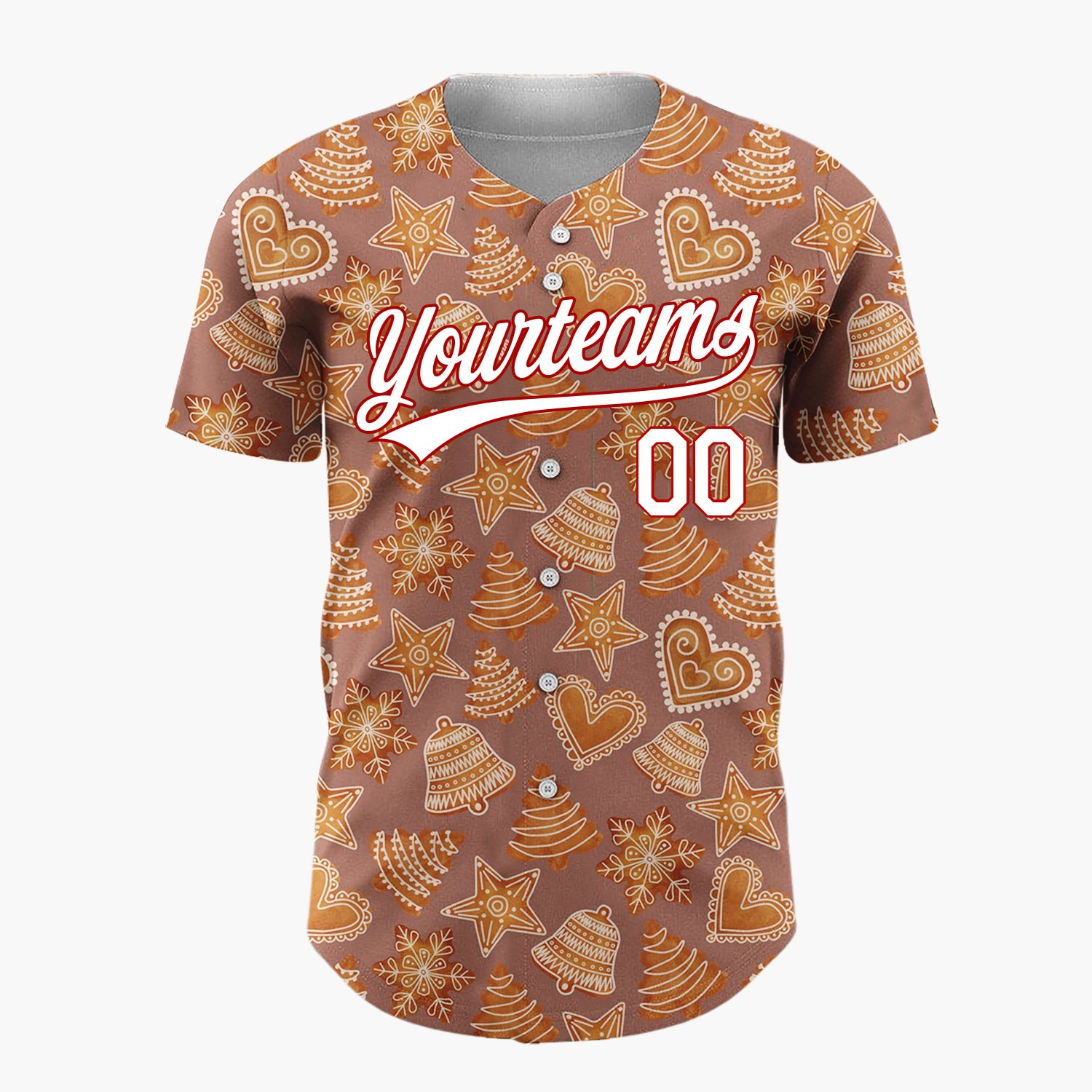 Custom Brown Gingerbread Hearts Stars And Bells Cozy Cookie Christmas Baseball Jersey