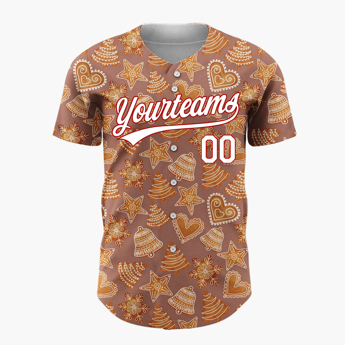 Custom Brown Gingerbread Hearts Stars And Bells Cozy Cookie Christmas Baseball Jersey