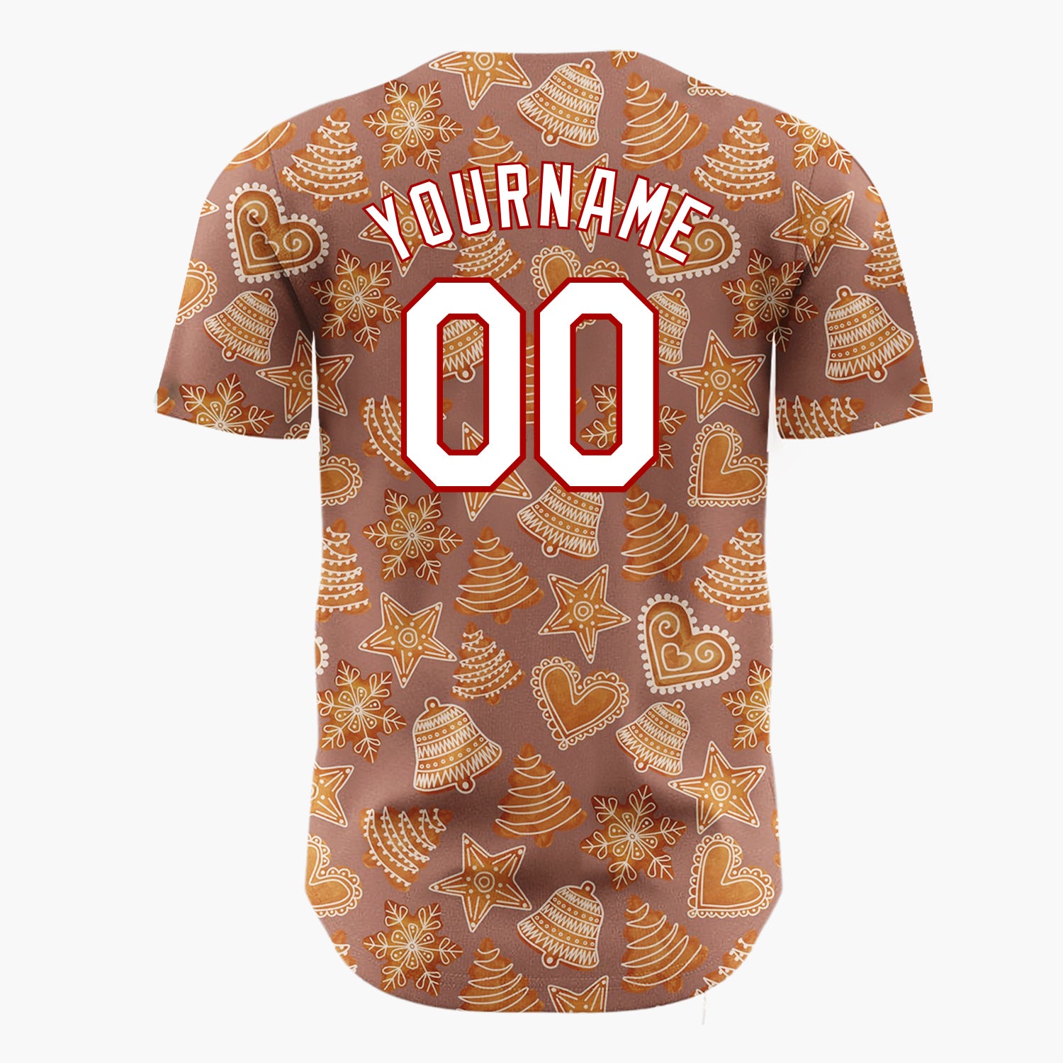 Custom Brown Gingerbread Hearts Stars And Bells Cozy Cookie Christmas Baseball Jersey
