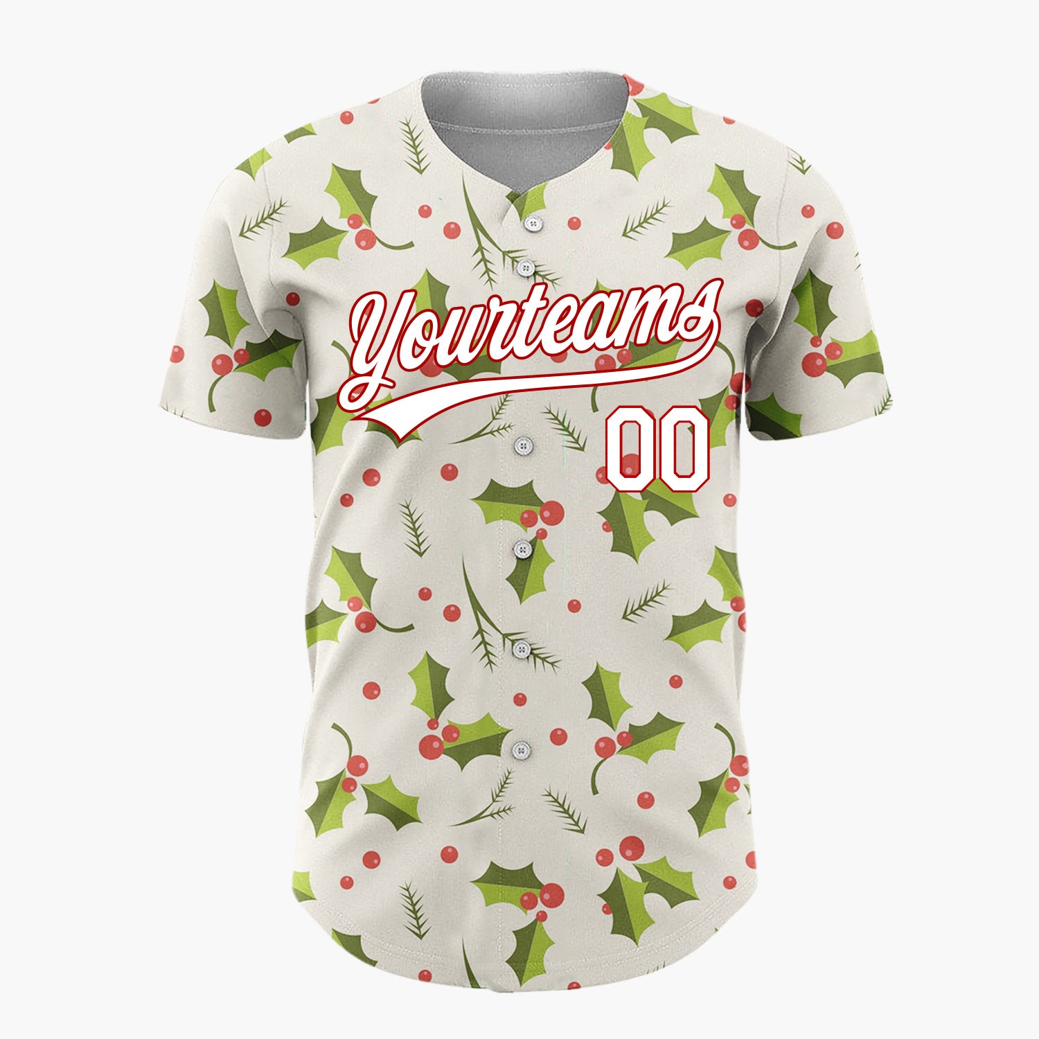 Custom Cream Green Holly Leaves And Berries Traditional Christmas Baseball Jersey