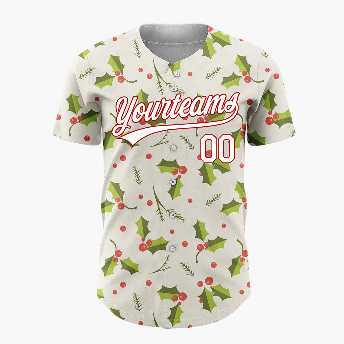 Custom Cream Green Holly Leaves And Berries Traditional Christmas Baseball Jersey