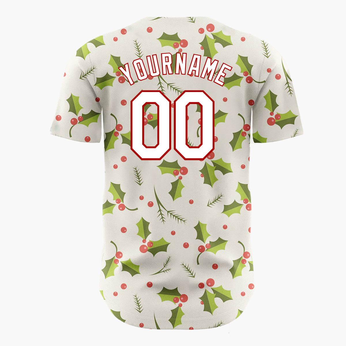 Custom Cream Green Holly Leaves And Berries Traditional Christmas Baseball Jersey