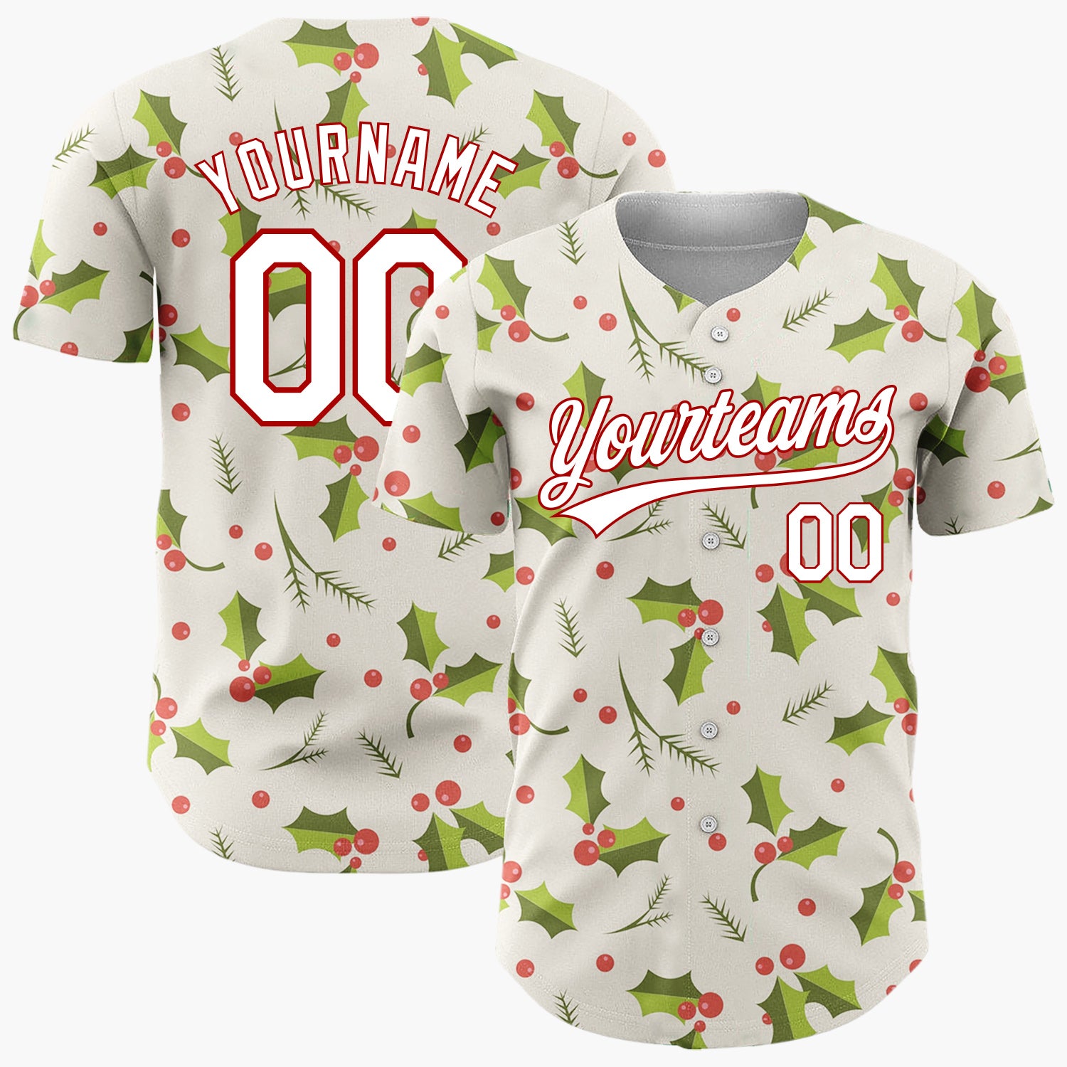 Custom Cream Green Holly Leaves And Berries Traditional Christmas Baseball Jersey