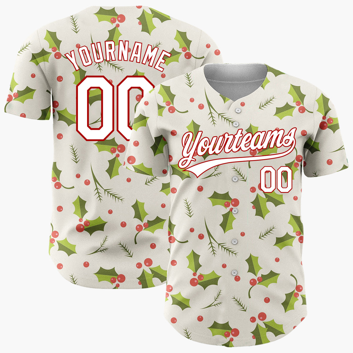 Custom Cream Green Holly Leaves And Berries Traditional Christmas Baseball Jersey