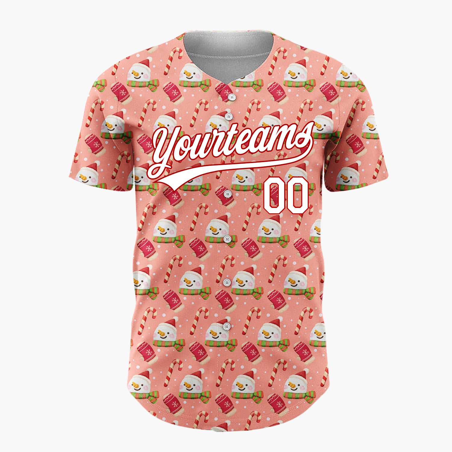 Custom Coral Red White Green Snowmen Hats And Candy Canes Cozy Christmas Baseball Jersey