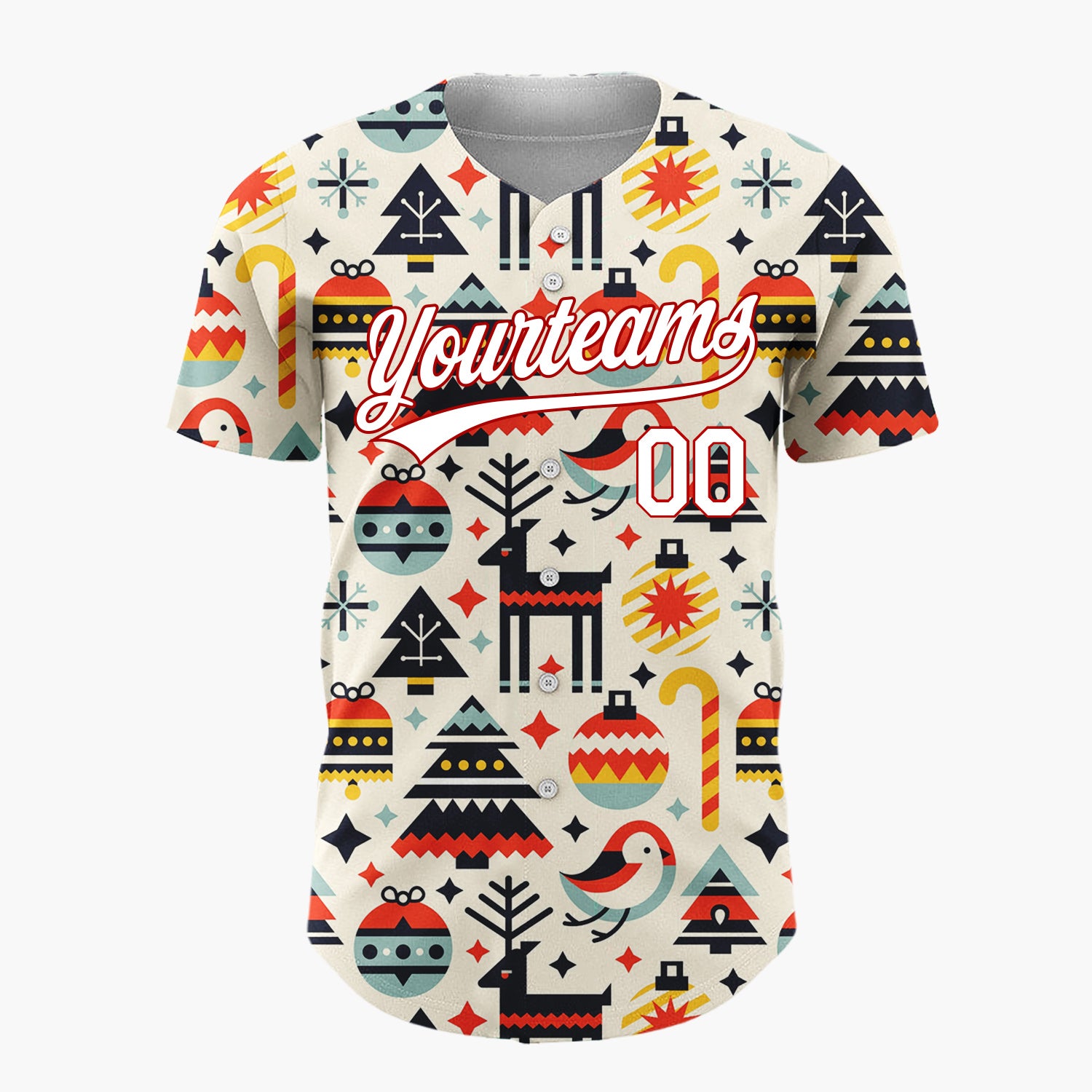 Custom Cream Reindeer Bird And Baubles Geometric Christmas Baseball Jersey