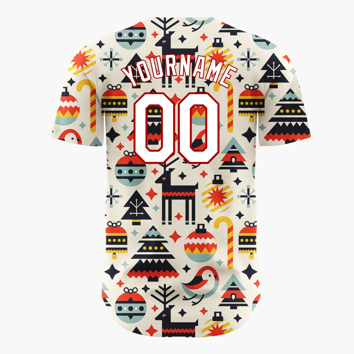 Custom Cream Reindeer Bird And Baubles Geometric Christmas Baseball Jersey