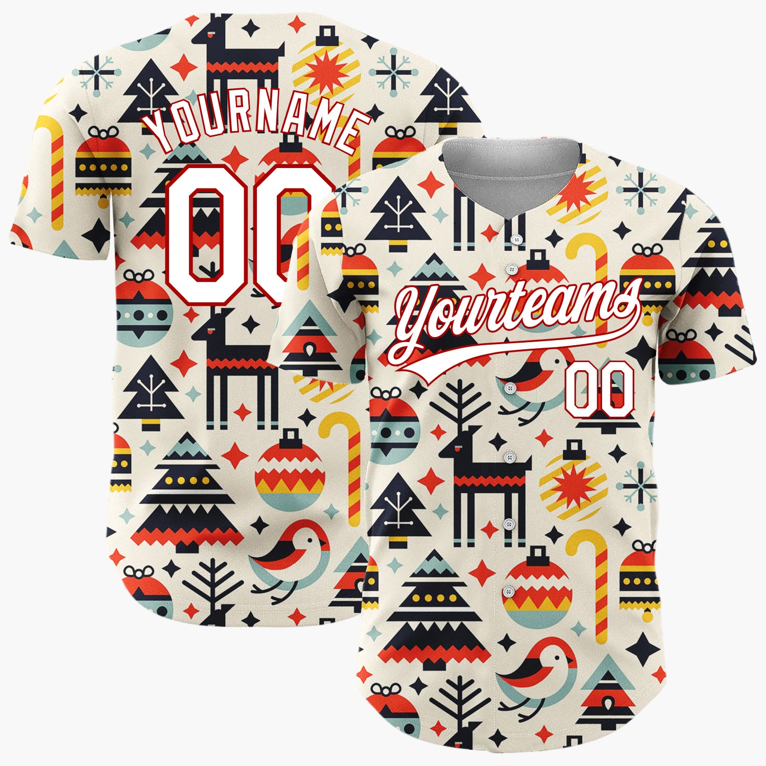 Custom Cream Reindeer Bird And Baubles Geometric Christmas Baseball Jersey