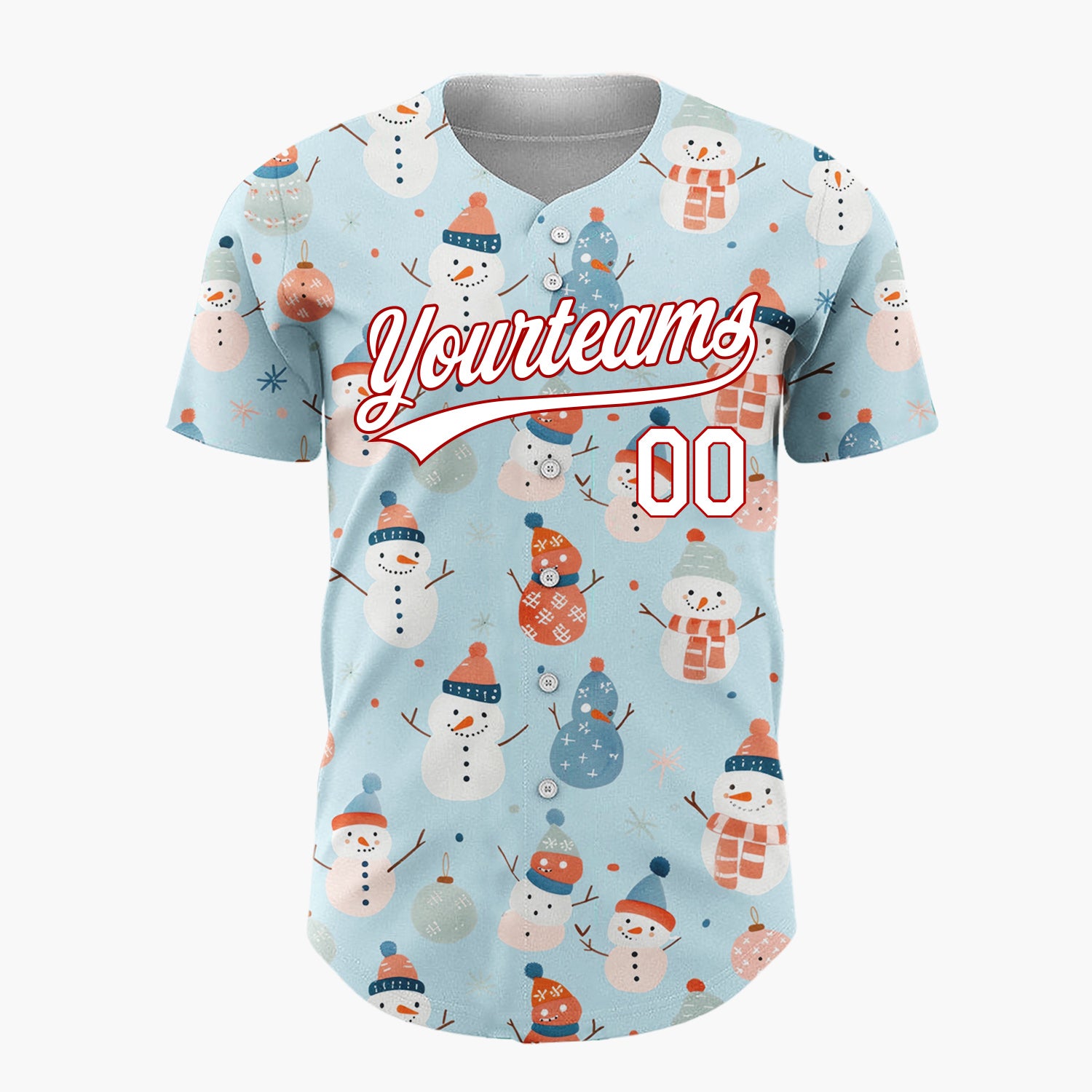 Custom Blue Pastel Snowmen And Ornaments Cute Festive Pattern Christmas Baseball Jersey