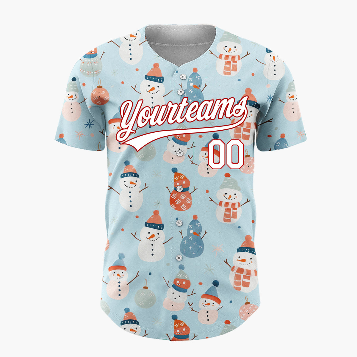 Custom Blue Pastel Snowmen And Ornaments Cute Festive Pattern Christmas Baseball Jersey