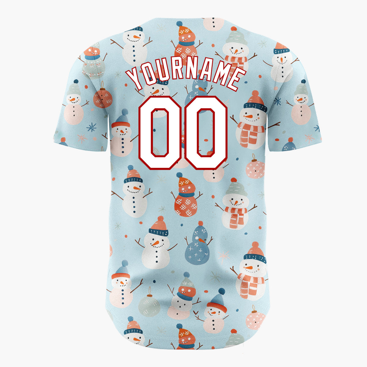 Custom Blue Pastel Snowmen And Ornaments Cute Festive Pattern Christmas Baseball Jersey