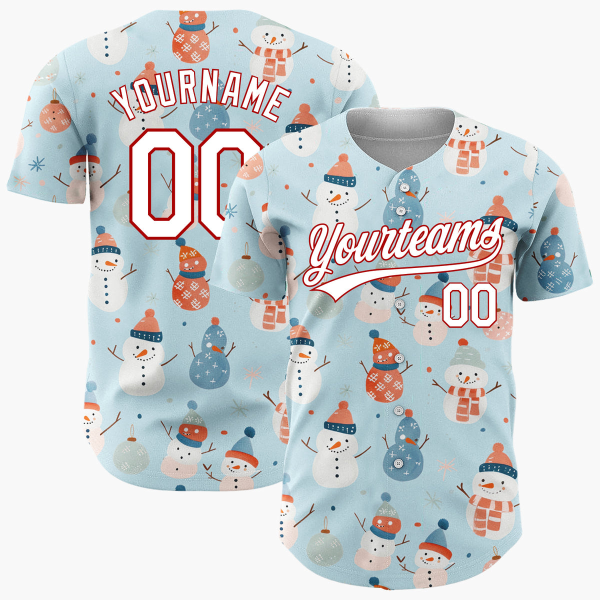 Custom Blue Pastel Snowmen And Ornaments Cute Festive Pattern Christmas Baseball Jersey