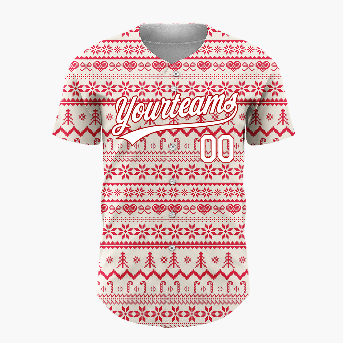 Custom Cream Red Snowflakes Trees And Candy Canes Nordic Fair Isle Christmas Baseball Jersey