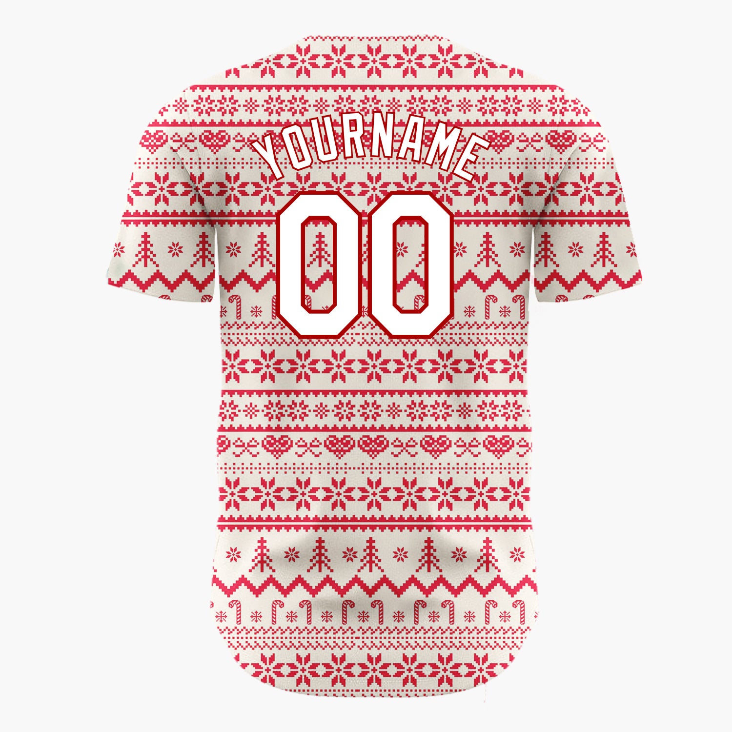 Custom Cream Red Snowflakes Trees And Candy Canes Nordic Fair Isle Christmas Baseball Jersey