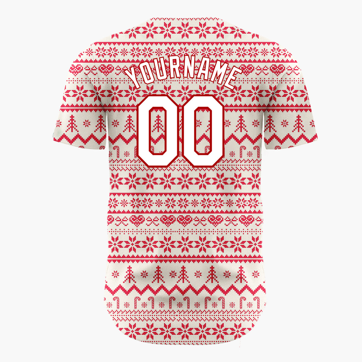 Custom Cream Red Snowflakes Trees And Candy Canes Nordic Fair Isle Christmas Baseball Jersey